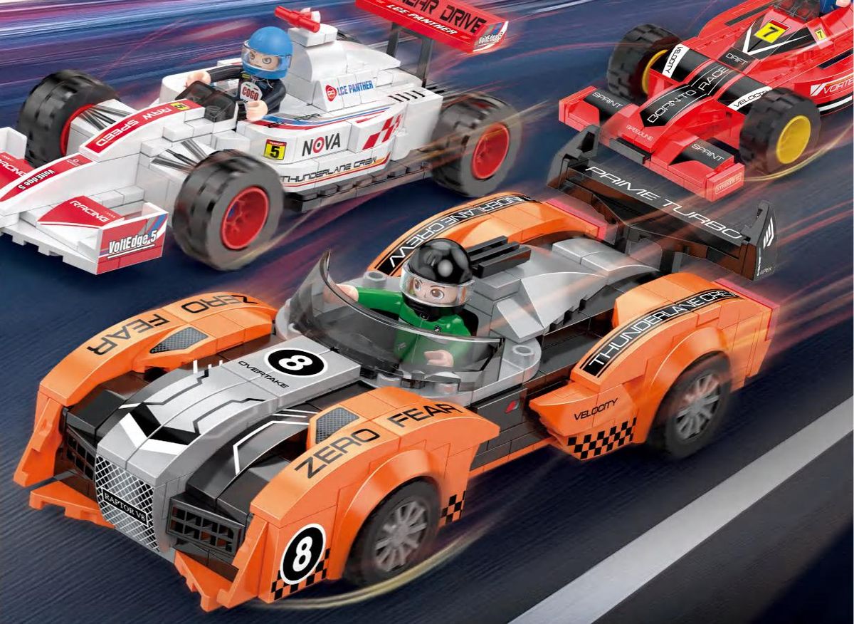Cogo brick-built race cars speeding round a track