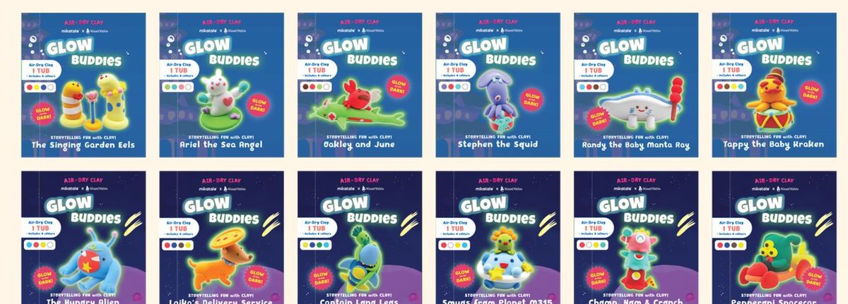 Grid of 12 Glow Buddies designs