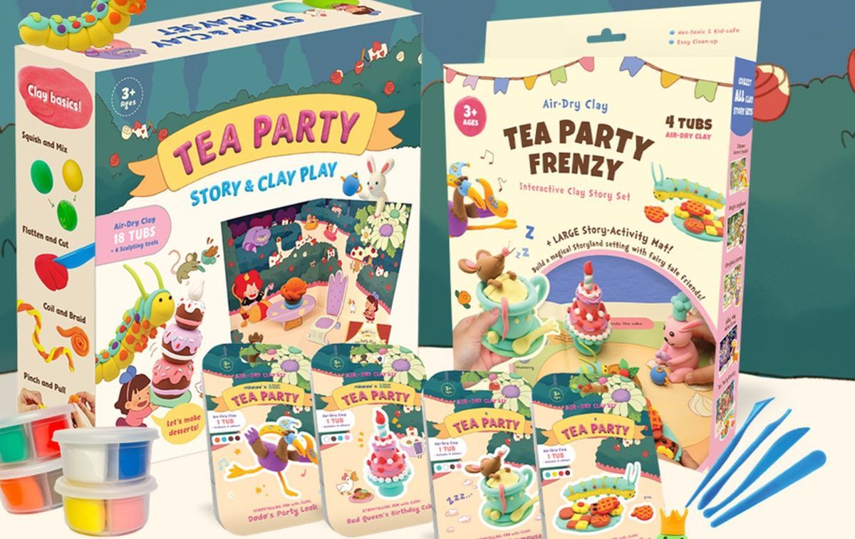 Story and clay Tea Party playsets with clay tubs, story cards and modelling tools