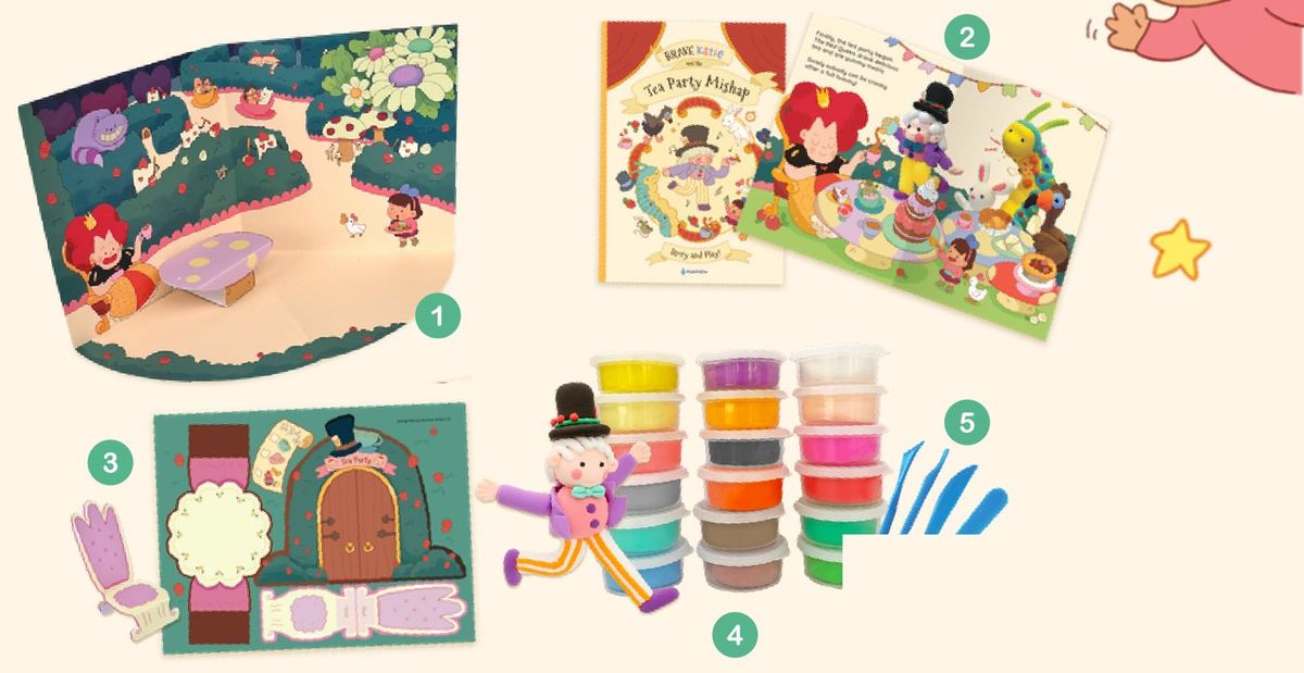 Large playset contents: pop-up backdrop, illustrated tutorial, props, 18 clay tubs and tools