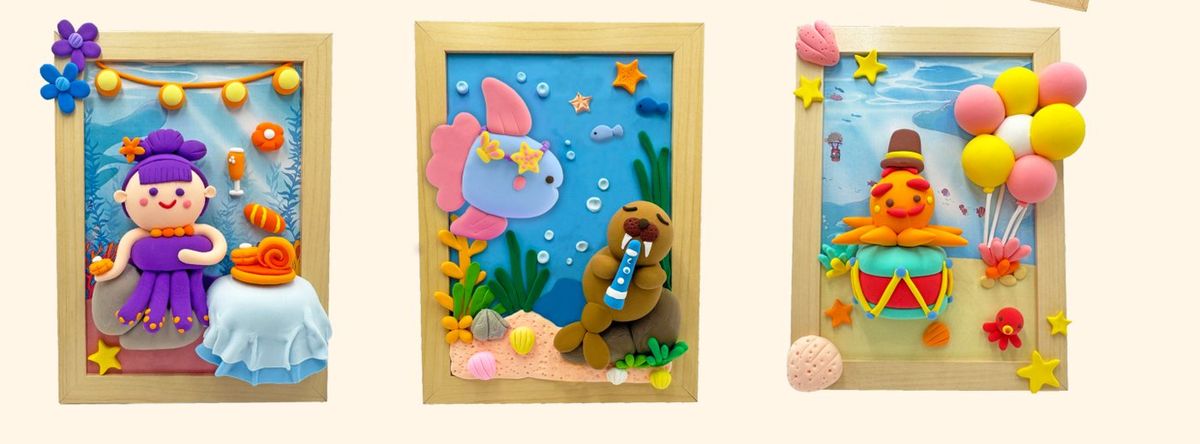 Three finished Ocean clay frame pictures