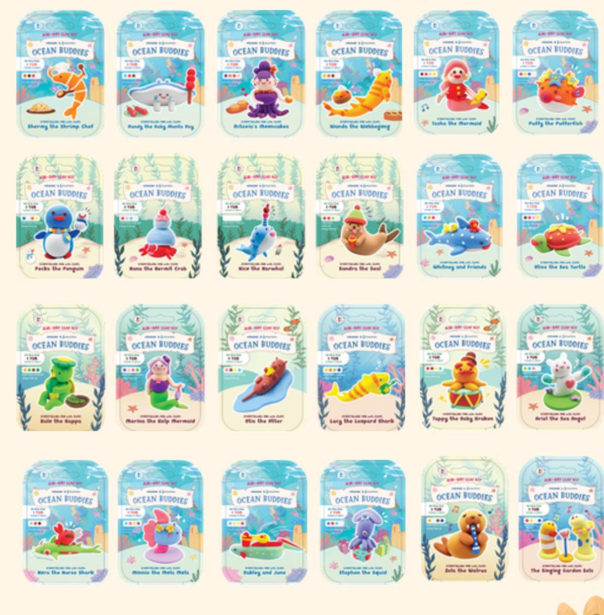 Grid of 24 Ocean Buddies mini story card designs