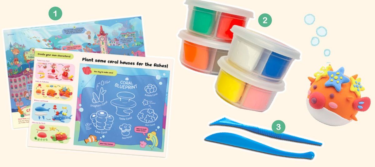 Ocean Buddies medium contents: playmat, clay tubs, tools